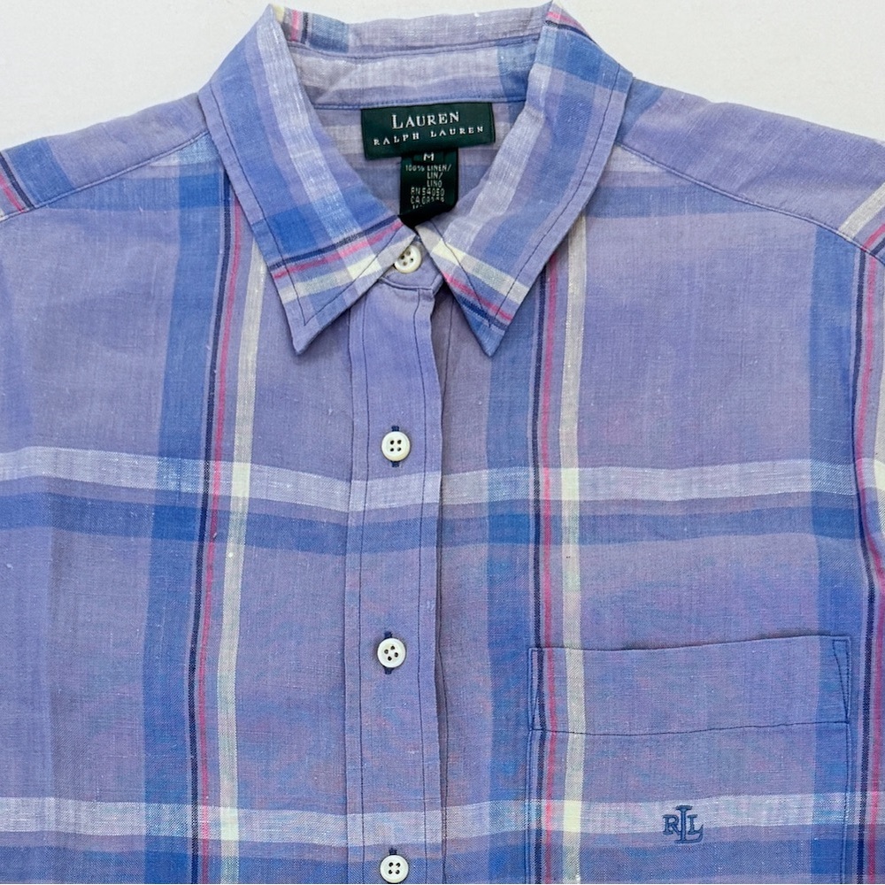 Lauren Ralph Lauren Womens 100% Linen Plaid Button Up Purple Blue Medium Preppy - Picture 3 of 9